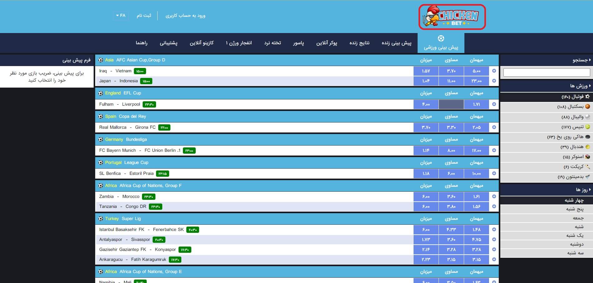 پیشبینی فوتبال در سایت چیکن بت